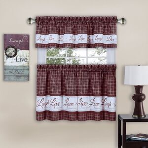 Country Gingham Check Live Laugh Love 3-Piece Cafe Plaid Kitchen Curtain Set
